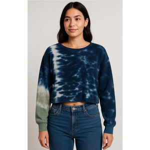 New Jolie & Joy Long Sleeve Crew Crop Navy Blue Tie Dye Terry Sweatshirt Small